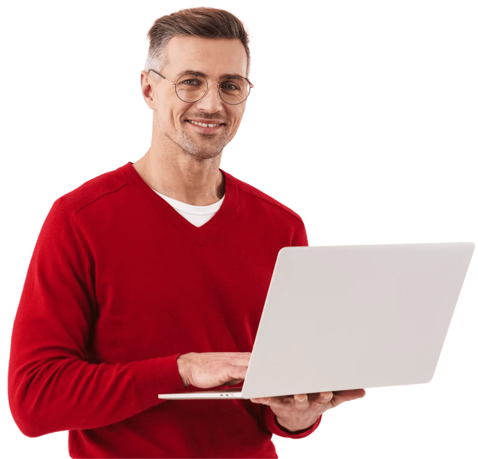 Man in red sweater holding laptop